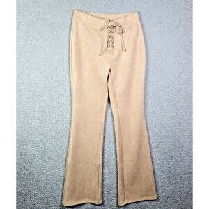 Forever 21 Tan Faux Suede Lace Up Front Flare Pants M Mid Rise Long Inseam